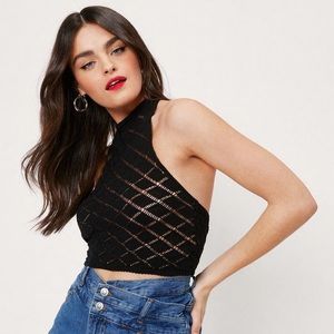 Never Worn Black Crochet Halter Open Back Crop Top US Size 4